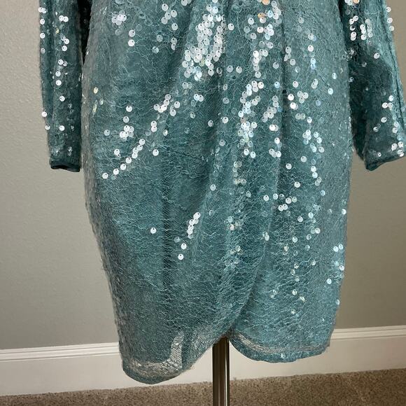 Aidan Mattox Sequined Lace Long Sleeve Cocktail Dress Blue Size 6 Mini Sheath - Picture 8 of 13